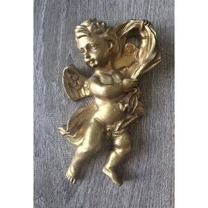 Vintage HOMCO Cherub Wall Hanging Gold Tone Heavy Resin Victorian Angel